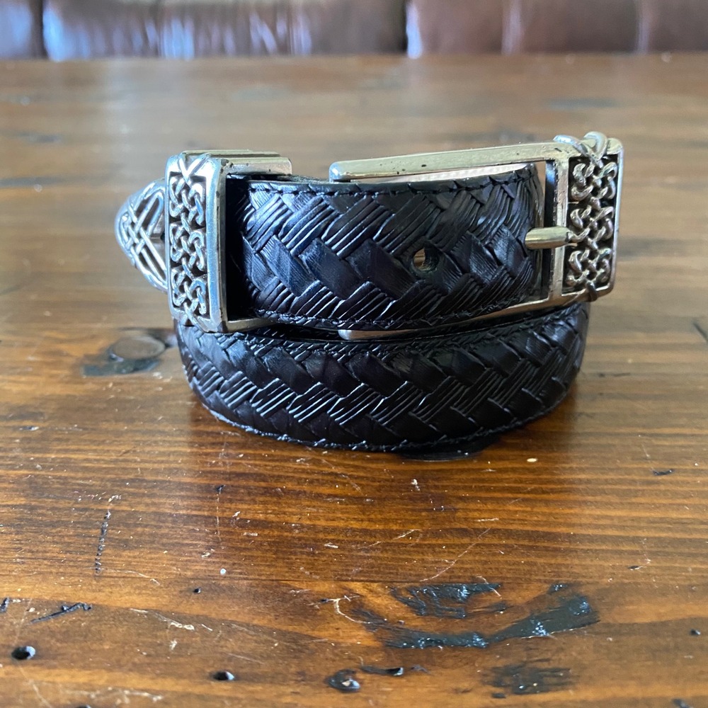 Brighton Black Braided Leather Celtic Knot Belt Silver Tone Hardware Size Small